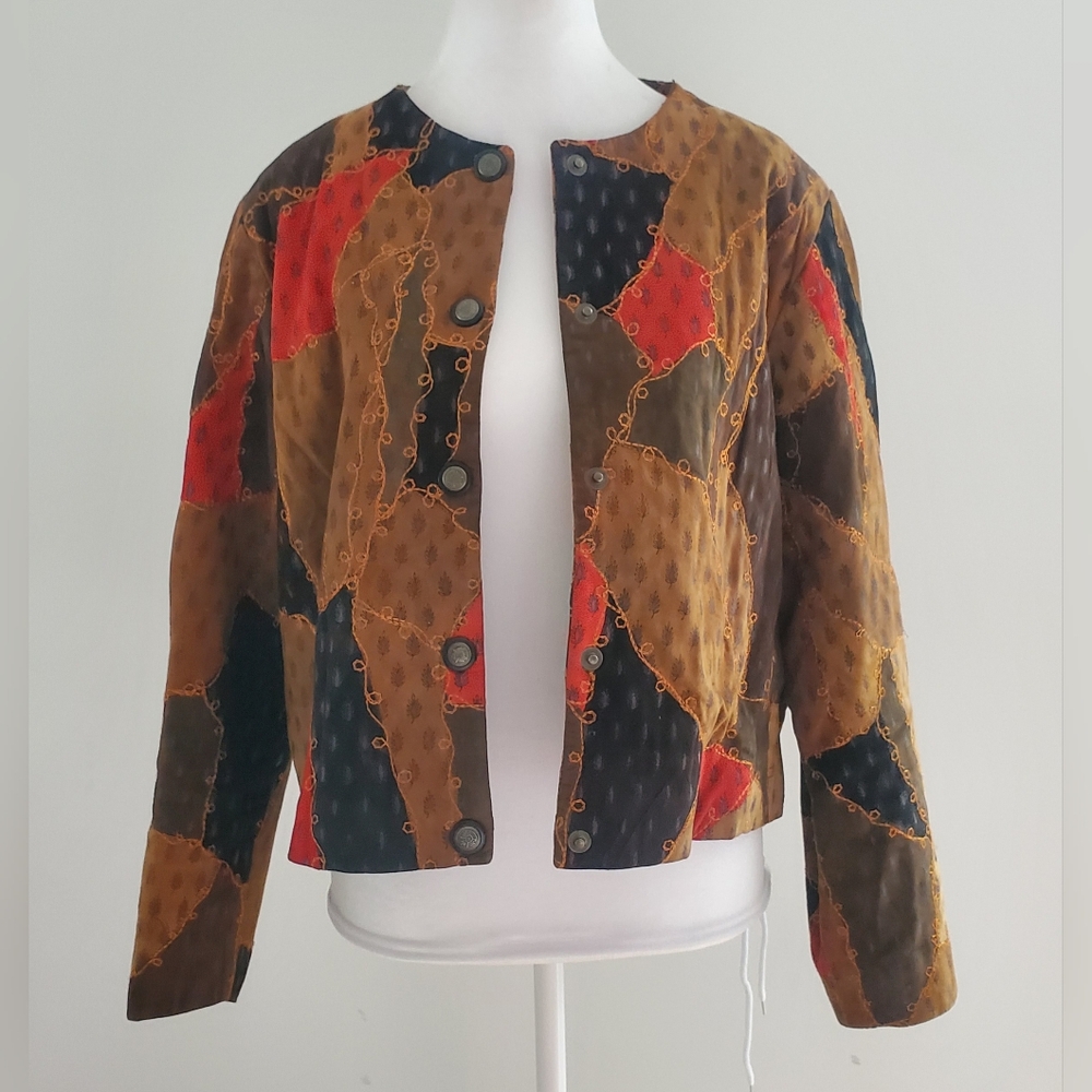 Vintage Patchwork Suede Leather Crop Jacket Embroidery Crested Snaps Vibrant